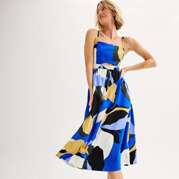 Linen Cut Out Midi Dress NWOT - Picture 1 of 6